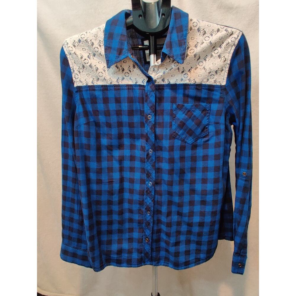 Vintage Arizona Jeans Shirt Button Up Lace Plaid Women's Size Large Western Wear